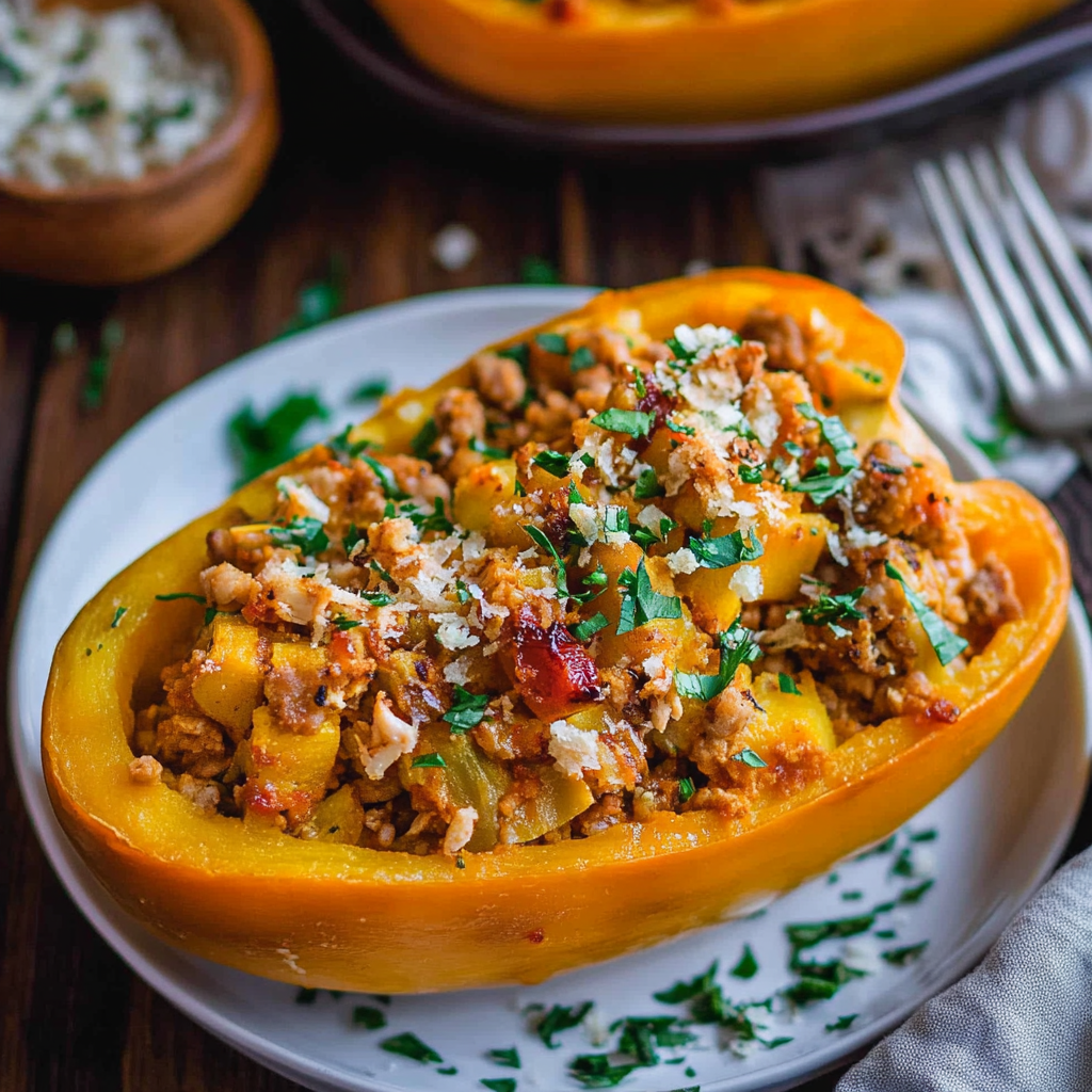 Honey Roasted Butternut Squash Stuffed with Chicken